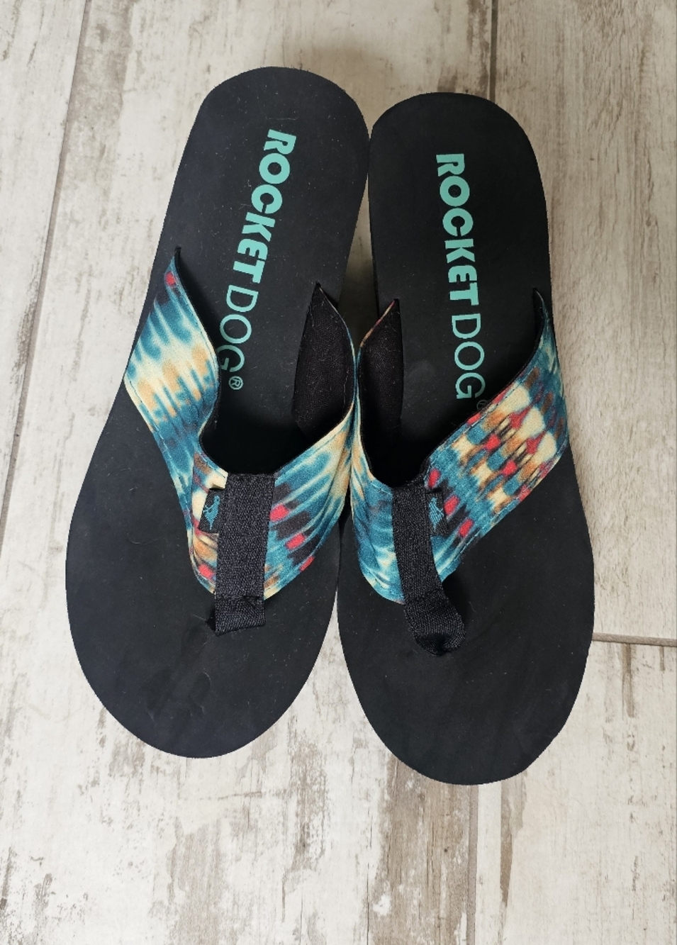 Rocket Dog Black Flip Flops with Turquoise Multicolor Straps 10 - Never Worn